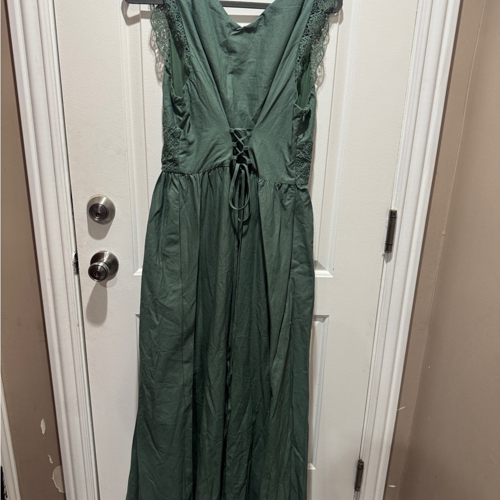 Line Vibes Elegant Green Linen Lace Maxi Dress size Large - Picture 5 of 5